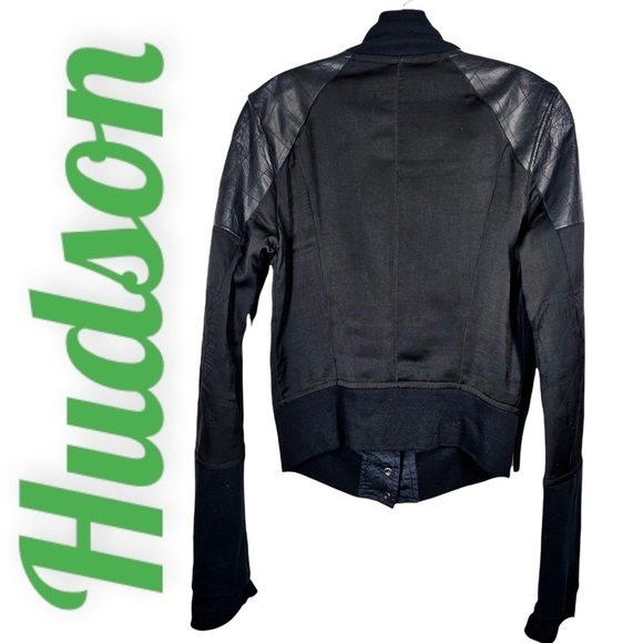 HUDSON Black Silky Quilted Varsity Bomber Jacket, Genuine Leather Trim, 34 - Picture 10 of 11
